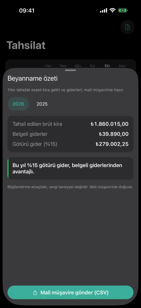 Beyanname özeti: yıllık kira geliri ve giderler