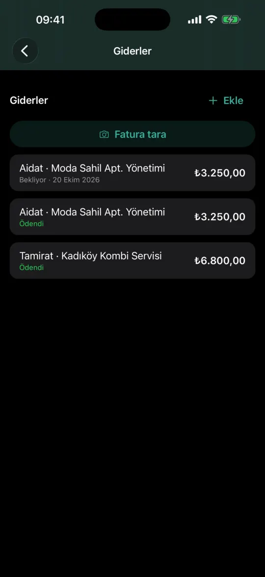 Giderler ekranı: aidat, vergi ve tamirat