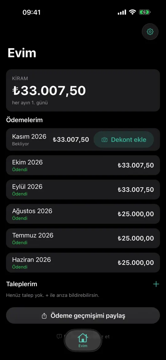 Kiracı uygulaması: kira, IBAN ve dekont yükleme