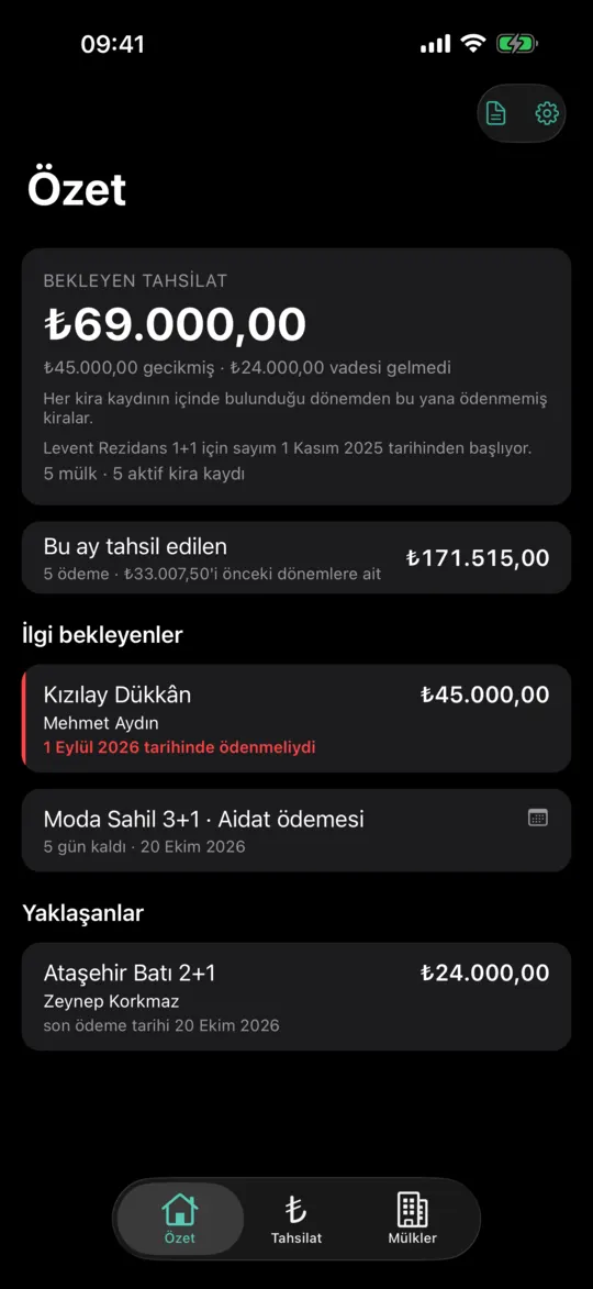 Özet ekranı: dikkat gerektiren işler ve yaklaşan tarihler